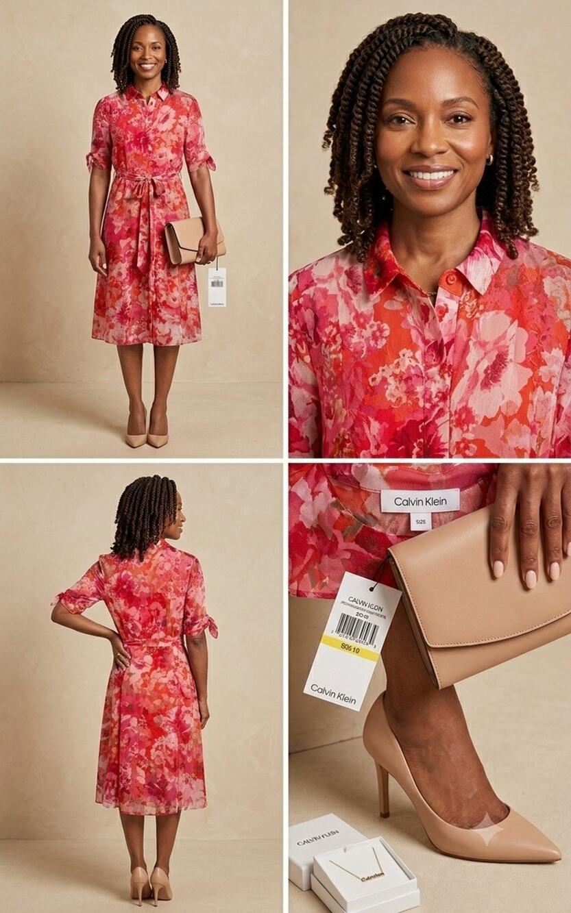 NWT Calvin Klein Red Floral Chiffon Shirt Dress size 10